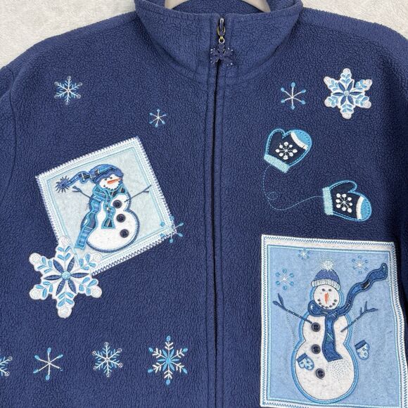 Vtg Holiday Fleece Jacket Women L Blue Snowman Christmas Festive Grandmacore 90s - Picture 2 of 12
